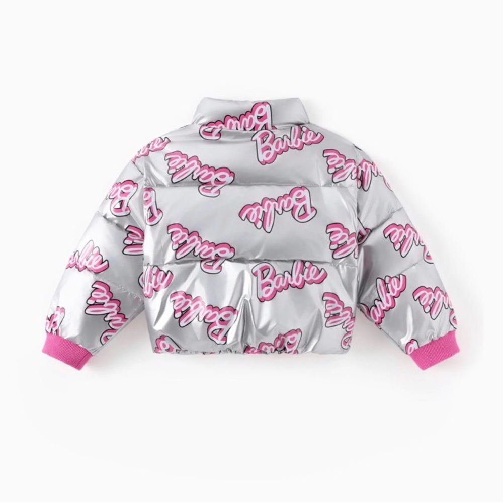 Barbie Girl 1pc Logo Pattern Long-sleeve Crop Puffer Jacket Silver and Pink - Picture 2 of 12